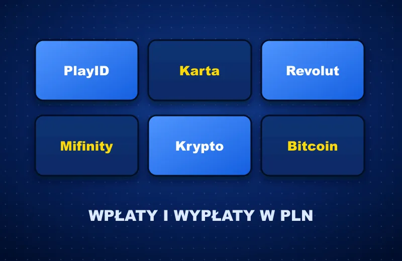 Sześć kafelków metod: PlayID, karta, Revolut, Mifinity, krypto i Bitcoin – kasa w PLN